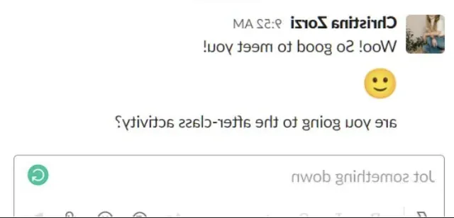 A direct message on Slack, from Christina Zorzi, saying "Woo! So good to meet you! Are you going to the after-class activity?"